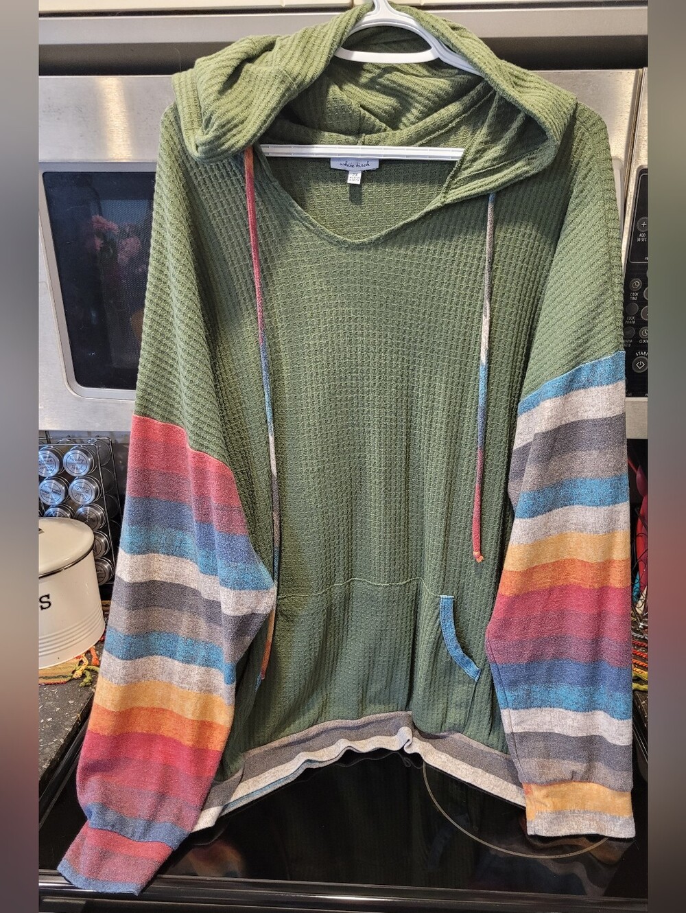 white birch Olive Green Waffle Hoodie with Multicolor Striped Sleeves